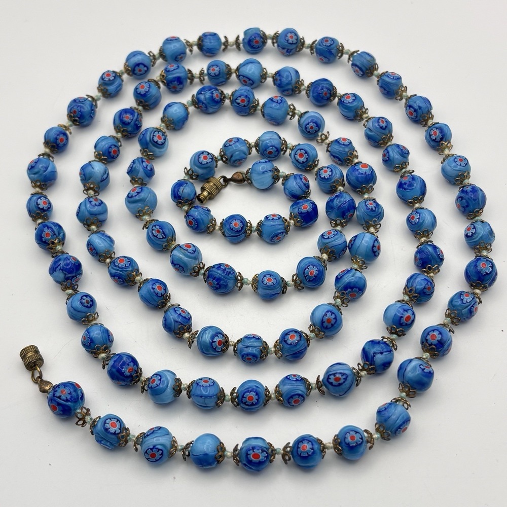 VTG Millefiori Murano Glass Hand Knotted Italian Opera Length 48" Bead Necklace
